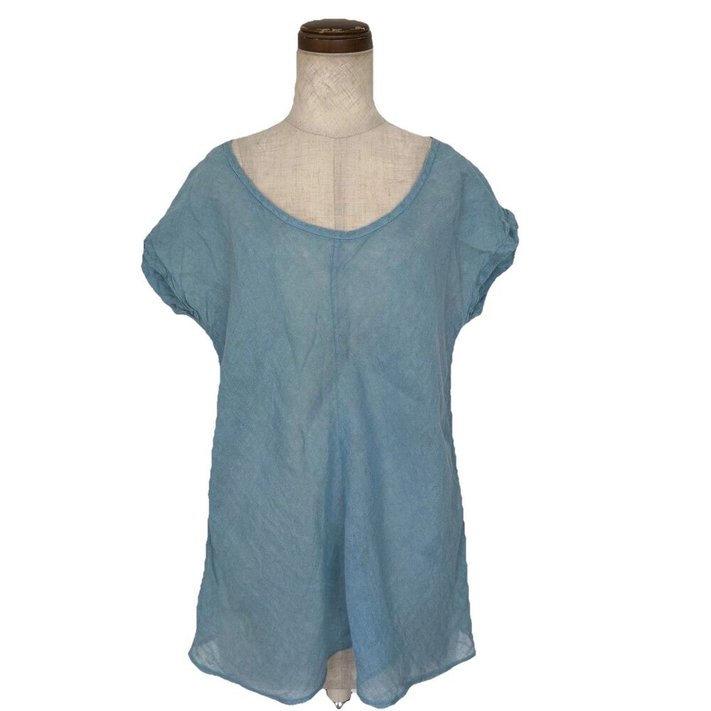 EILEEN FISHER Top Size M Bayberry Blue 100% Linen Gauze Scoop Neck Cap Sleeve